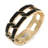 Jet Black Enamel Link Oval Hinged Bangle Bracelet In Gold