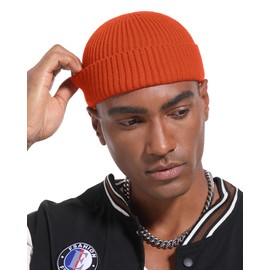 PHILIGHTS Swag Short Fisherman Beanie for Men Women, Wool Knit Cuff Soft Trawler Beanie Watch Hat, Winter Warm Hats Skull Cap Orange