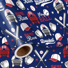 LeZakaa Baseball Wrapping Paper Roll for Kids Boys Men Teens, Play Ball, Home Run, Baseball Caps, Gloves Sporty Pattern Gift Wrap for Sports Fans Coaches Team Party, Mini Roll 17 in x 16.4 Ft