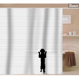 Sunlit Cute Black Dog Curious Cartoon Puppy with Black and White Stripes Fabric Shower Curtain for Kids Dog Lovers PVC-Free Bathroom Decor.