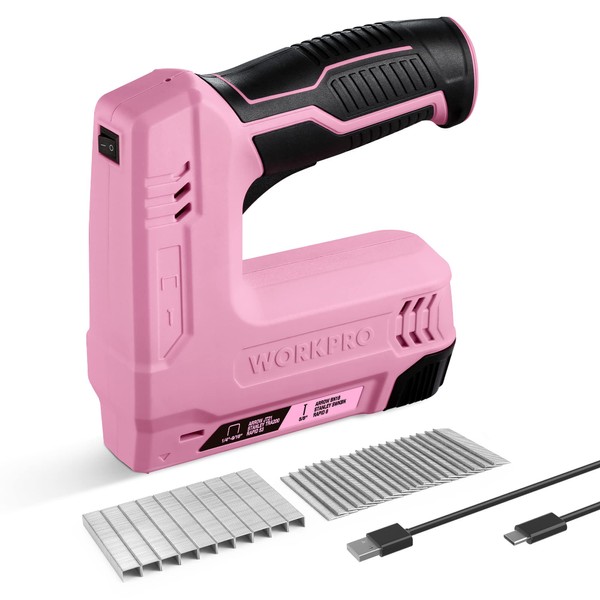 WORKPRO 3.6V Power Electric Cordless 2-in-1 Staple and Nail Gun, 2.0Ah Battery Powered Stapler for Upholstery, Carpentry, Crafts, DIY, Including USB Charger Cable, 2000PCS of Staples and Nails, Pink