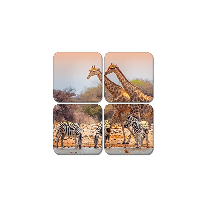 4 x Square Safari Animals Coasters - Giraffe Zebra Zoo