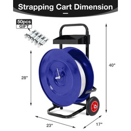 Blue Heavy Duty Strapping Cart - Durable Deluxe Steel Strap Dispenser & Steel Strapping for Coil 9.5"-15.7" PET- 50 Packing Buckle Free