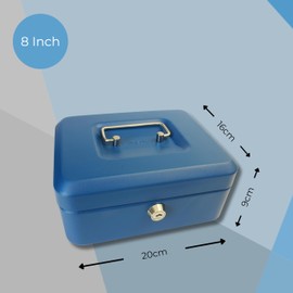 Cathedral Products Key Lockable Cash Box with Lift Out 6 Compartment Coin Tray - 8 Inch - Blue
