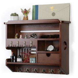 HEKFL Key Holder for Wall, Mail Organizer Wall Mount with Storage Drawer and 10 Hooks, Easy Installation Key Holder Wall Mount for Home Decor, Walnut