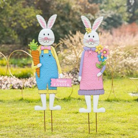 Glitzhome 36"H Easter Yard Signs with Stakes Garden Decorations, Set of 2 Metal Easter Bunny Boy and Girl's Wall Decor/Standing Decor for Outdoor Yard Lawn Walkway Easter Decoration
