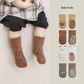 FedMois 5 Pairs Baby Little Kids Anti-slip Socks Cotton non skid Ankle Socks Animals, Fox, 3-5 years