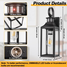 Yolsunes Motion Sensor Outdoor Wall Lights 2 Pack, Black Dusk to Dawn Light Fixtures Wall Mount, 16" Exterior Wall Sconces Waterproof, Large Outside Lamps for House, Modern Porch Lanterns 3 Modes