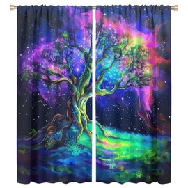 TOWINSFB Neon Tree Galaxy Blackout Curtains for Bedroom Living Room, Abstract Star Plant Thermal Insulated Curtains Rod Pocket Window Drapes, 2 Panels/Each 21" W x 45" L