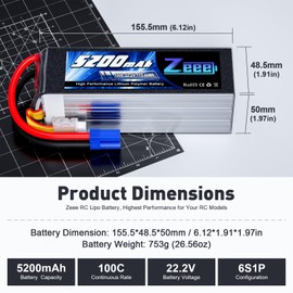 Zeee 6S Lipo Battery 5200mAh 22.2V 100C Soft Pack Lipos with EC5 Connector RC Battery for RC Car Truck Airplane Helicopter Quadcopter Boat