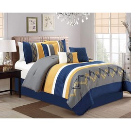Chezmoi Collection Arden 7-Piece Modern Pleated Stripe Embroidered Zigzag Bedding Comforter Set (California King, Navy/Gray/Yellow/White)