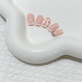 Aikeis 24 Pieces Pink Bow Diamond French Manicure Trays Square Pressing Nail Rhinestone Design Nude Pink False Nails Full Cover Glue Manicure