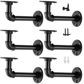 Janyang Industrial Pipe Shelf Brackets for 8 10 12 14 inches Board, Iron L Pipe Floating Shelves, Heavy Duty Metal Shelving Brackets - 6 Pack Black