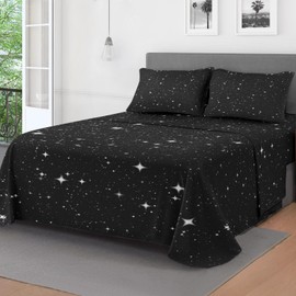 Pamnest 4 Pieces Queen Size Bed Sheet Sets, Star Sky Black Soft Microfiber Bedding Sets for Kids and Adults Bedroom Bed Decor, Space Starry Deep Flat Sheet, Fitted Sheet and 2 Pillowcases