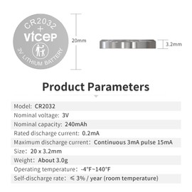 ViCep 5-Pack CR2032 Batteries，CR 2032 3V Lithium Battery 240mAh，Button Cells Compatible with Key Fob, Watches, Calculators and Other Devices，Individual Wrapped