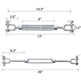 Goaste 2 Pack 1/2 Inch M12 Turnbuckle Hook, Hot Dipped Galvanized Steel Jaw and Jaw Turnbuckle, Heavy Duty Turnbuckle with 2205 lbs Working Load Limit for Tractor Sun Shades Cables Tent Installation