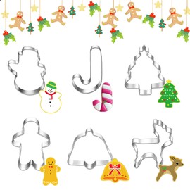 Vordpe 6 Pieces Christmas Cookie Cutters, Stainless Steel Cookie Cutters, Children's Fondant Cookie Cutters, Bells, Gingerbread Man, Snowman, Elk