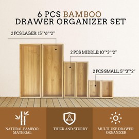 Teicui bamboo drawer organizer Set，expandable drawer dividers,wooden storage organizers,large trays for kitchen, bathroom,flatware,Tea Bag Organizer and office desk drawer (1 X 6PCS Natural)
