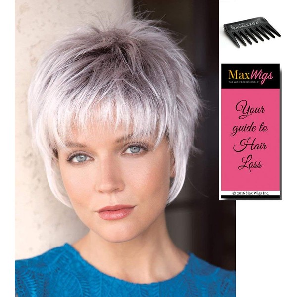 Billie Short Shag Color Silver Stone - Noriko Wigs Women's Synthetic Spiky Layers Fringe Tapered Back Average Cap Bundle with MaxWigs Costume Wig Care Guide