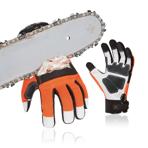 Vgo GA8912 Chainsaw Work Gloves, Vibration Resistant, Mechanic Gloves with Palm Protector, Goat Leather, Vibration Relief, Anti-Slip, For Forestry, Harvesting, Grass Cutting, EN381-7 Standard, Class 1 (Size L, Orange)