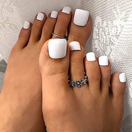 Vatocu 24 Pieces Shiny Fake Toenails, Pure White Fake Toenails, Solid Color Push On Toenails Acrylic Stick on Feet Nails for Women and Girls