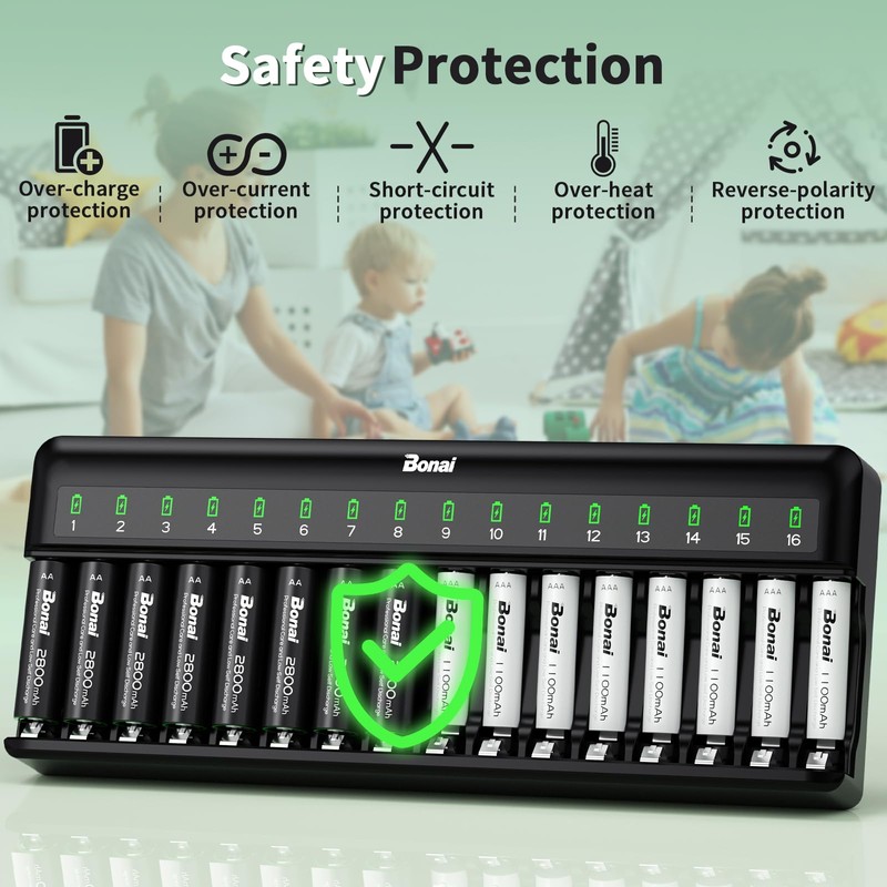 Bonai Rechargeable AA and AAA Batteries with Charger, 8 x