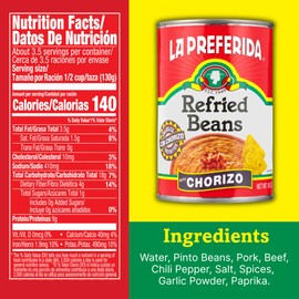 La Preferida Chorizo Refried Beans (Made with Real Pork & Beef, No Preservatives) – Heat & Serve for an Instant Side Dish or Add to Enchiladas, Tostadas & More,16 oz. (Pack of 3)