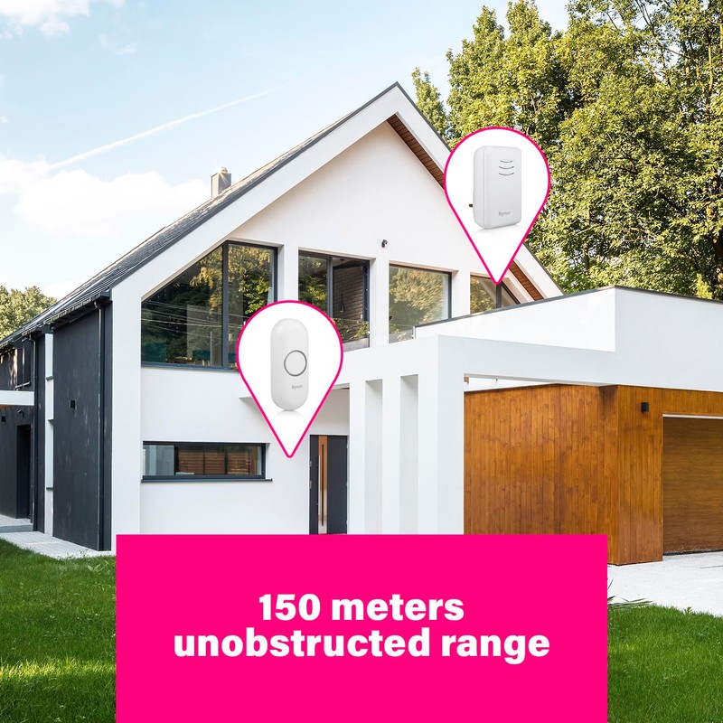Byron Wireless Doorbell Set, Plug-In Chime, 150m Range, 16 Melodies,