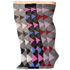 Isadora Paccini Women's 3 Pairs Vibrant Argyle Fusion Blue Pinkish Red-Yellow Grey Black Blue-Violet Over The Knee High Socks, FV810-B-T1