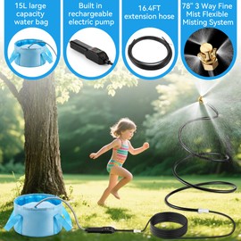 Portable Misting System with Water Pump, Outdoor Patio Mister with 15L Water Bag, 3 Way Fine Mist Nozzles Cooling Mister, Hose Misting System for Cooling Outdoor, Water Mist Playing, Bird Bath