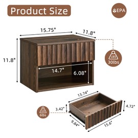 BuildHom Floating Nightstand with Fluted Drawer - Modern Wall Mounted Bedside Table with Open Storage Shelf, Small Night Stand for Bedroom(Walnut)
