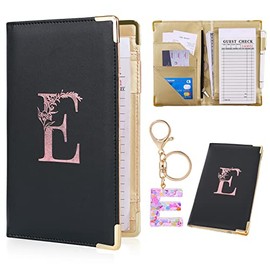 FIODAY Server Books Alphabet Waitress Book Cute Waiter Book Zipper Pocket Leather Serving Book with Gift Keychain Guest Check Book Server Note Pads Holder Fits Server Apron, E