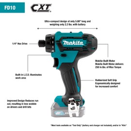 Makita FD10R1 12V max CXT® Lithium-Ion Cordless 1/4" Hex Driver-Drill Kit (2.0Ah)