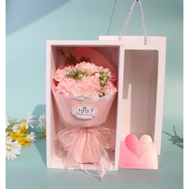 Ramo de Claveles con Lazo en Caja de Regalo –Floral Romántico para Día de la Madre, cumpleaños y Aniversarios, Ideal Decoración del Hogar, Bodas y Celebraciones. (Rosa)
