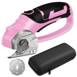 Cordless Electric Scissors - 4V Rechargeable Rotary Cutter with Safety Lock & LED Light, Heavy Duty Tool for Cardboard, Leather, Carpet, Plastic, Fabric, Crafting, Sewing & DIY, with Case (Pink)