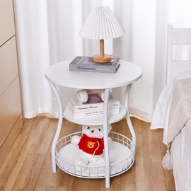 Anlanbor Round End Table, 3-Tier Side Table with Storage, Accent Corner Sofa Beside Table for Small Spaces,Steel Frame Nightstand for Living Room, Bedroom, Small Coffee Table,White