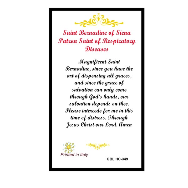 Gifts by Lulee, LLC Saint Bernadine of Siena Patron of Those with Respiratory Ailments Blessed Laminated Italian Holy Card with Gold Accents
