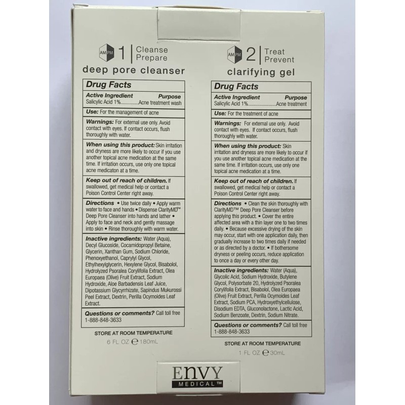 CLARITY MD CLINICAL ACNE TREATMENT SYSTEM ACNE SOLUTION 1 &