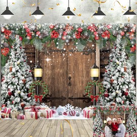 Winter Christmas Backdrop 8x6FT Xmas Rustic Barn Wood Door Photography Backdrop Xmas Tree Snow Gift Kids Adult Family Holiday Party Decoration Supplies Photo Props
