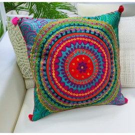 Second Nature Online - Bohemian Cushion Cover | Ethnic Throw Pillow Cover | Handmade | Stitched Embroidered | 40x40 cm (Turquoise)