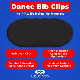 danceSNAPS Bib Clips by BibBoards - Safety Lock Fasteners for Dancers, Competitions, Rodeos - Secure Numbers Without Pins - Reusable, Non-Damaging, Gentle on Fabric - Black (4pcs)