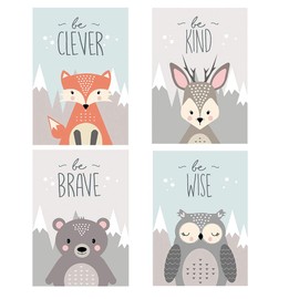 Set of 4 Baby Room Pictures, Children's Room Pictures, DIN A4 without Picture Frame, Fox Bear, Deer, Owl Nursery Decoration, Girls Children's Poster, Decoration Children's Room, Forest Animals Room