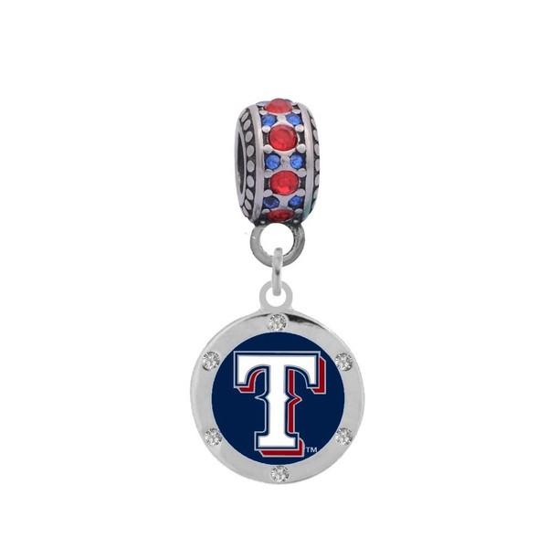 Texas Rangers Round Crystal Charm Compatible With Pandora Style Bracelets. Can also be worn as a necklace (Included.)