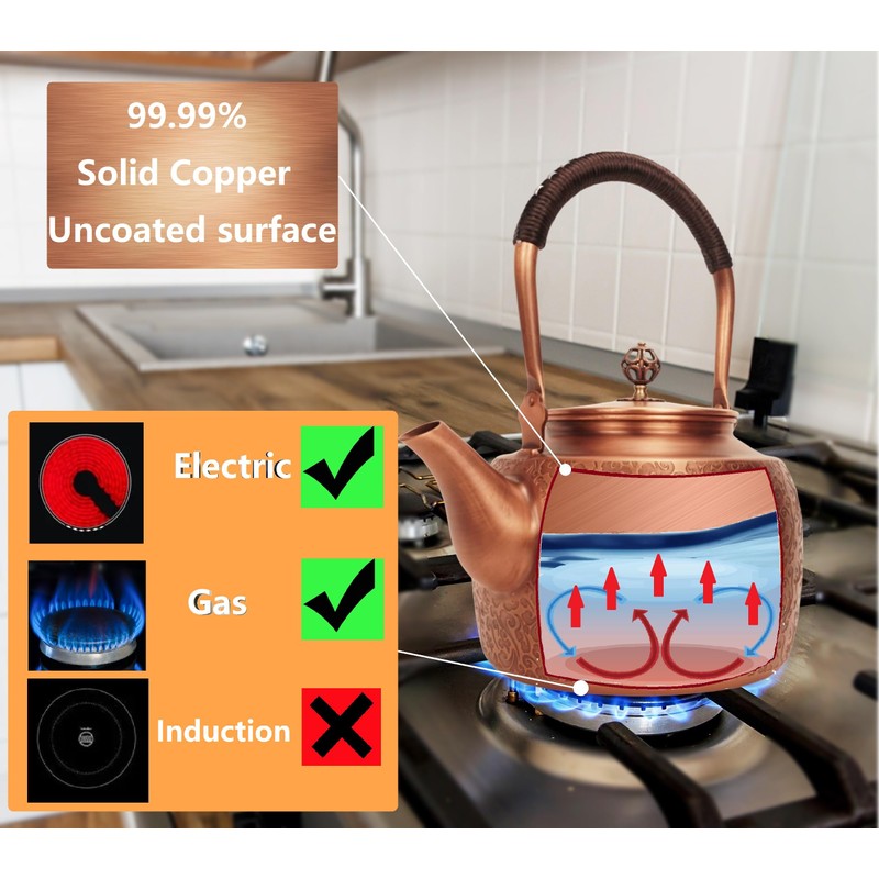 Kkekos Handmade Copper Kettle Copper Teapot for Stovetop 2000ml (Type1)