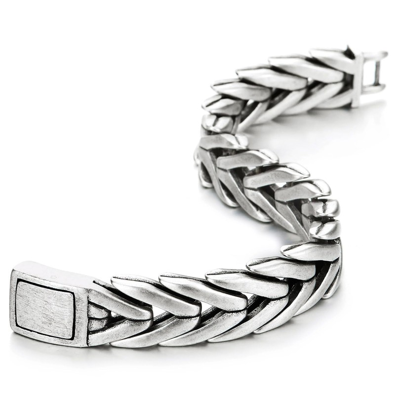 COOLSTEELANDBEYOND Men's Heavy Stainless Steel Braided Wheat Chain Bracelet, Woven