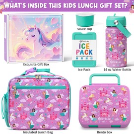 Fimibuke Bento Lunch Box for Kids - Toddler Snack Bento Box Container with 3 Compartments, Stainless Steel Water Bottle, Insulated Lunch Bag, Ice Pack Set for Ages 3-12 Girl Boy Daycare Back to School