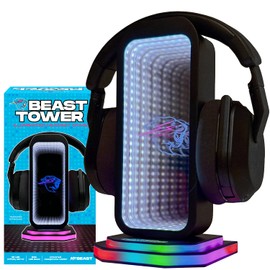 Feastables Beast Tower MrBeast Gaming Headphone Stand | RGB Light Display with Infinity Mirror Effect and Logo | Universal Headset Holder; USB Powered Desk Computer Accessory for Gamers and Streamers