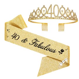 40th Birthday Tiara, 40th & Fabulous Birthday Crown Sash Set, 40th Birthday Decoration for 40th Birthday Women Happy 40th Birthday Gift, Party Supplies (Gold)