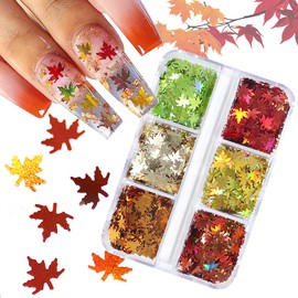 3D Maple Leaves Nail Glitter Sequins Fall Nail Decals Holographic Glitter Design Autumn Maple Leaf Nail Glitter Flakes for Women Girls Gifts Nail Decorations DIY Manicure Accessories