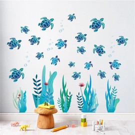 SMAOSTORE Wall Sticker, Undersea World, Aquatic Plants, Turtles, Sea Animals, Ocean Bubble, Stylish, Children's, Room/Bedroom/Study Room/Bedroom/Background/Wallpaper, Waterproof, Removable, Wall